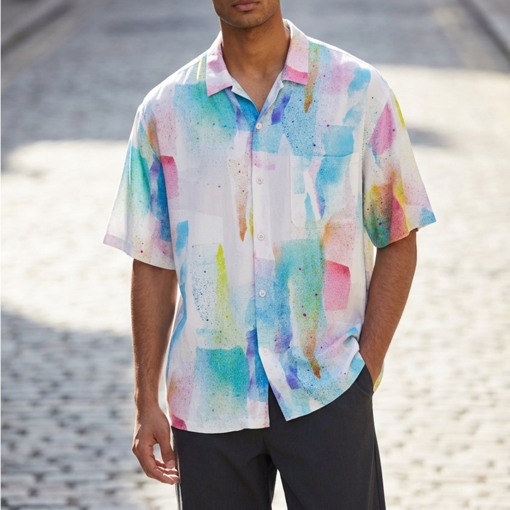 NWT JAMS WORLD Hawaiian Shirt XXL Abstract Paint Splash Rayon Button Up